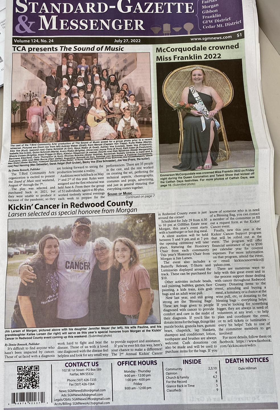 The front page of the Standard Gazette and Messenger featuring the 2nd Annual Kickin' Cancer Event.